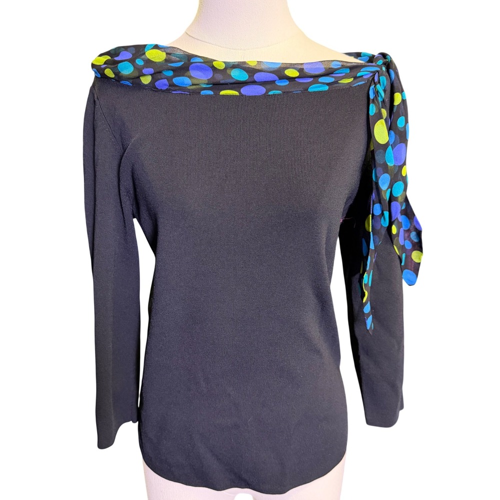 Pointelle Black Off the Shoulder Top M Polka Dot Scarf Neck Y2K Indie Sleaze